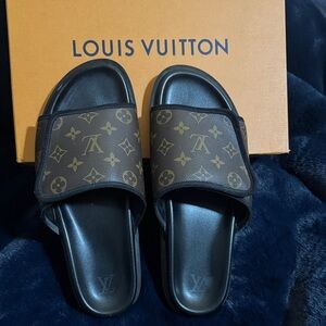 Louis Vuitton Brown Monogram Canvas Slide Sandals with Black Footbeds